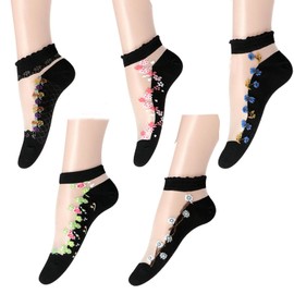 [Feiyda] 靴下 レディース 透明 花柄 ソックス 薄手 春夏用 綿底 通気性 刺繍 かわいいくつした 5足セット