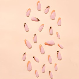 Almond Press on Nails Medium French tip Pink Fake Nails Gold Line Glue on Nails Artificial Glossy Nails Acrylic Full Cover False Nails for Women