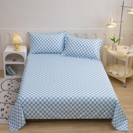 CLOTHKNOW Blue White Plaid Queen Sheet Sets Checker Bedding Sheets Sets 1 Fitted Sheet 1 Flat Sheet with 2 Pillowcases Blue Bedding Queen Deep Pocket Sheet Set