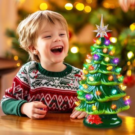 Brightown 13 Inch Ceramic Christmas Tree, Pre-lit Tabletop Christmas Tree with Multicolored LED Lights, Battery Operated Vintage Lighted Ceramic Tree for Home Office Table Holiday Decorations, Green