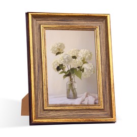 RIVERVALLA 5x7 Vintage Picture Frame Retro Antique Wood Texture Gold Picture Frames 5 by 7 Photo Frame with HD Glass Wall Hang Desktop Display Christmas Birthday Gifts for Women Mom Grandma