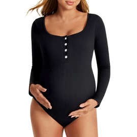 Summer Mae Maternity Bodysuit for Women Ribbed Pregnancy Romper One Piece Seamless Jumpsuit Long Sleeved Button Top Unitard Black 4-6