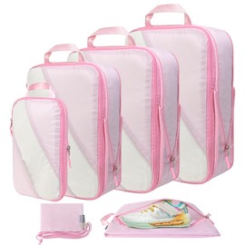 PFEYRPK Compression Packing Cubes Set of 6, Travel Luggage Organizer for Suitcase, Packing Organizers for Travel Accessories, Breathable See Through Mesh, Durable Lightweight with Shoe Bags(Pink)