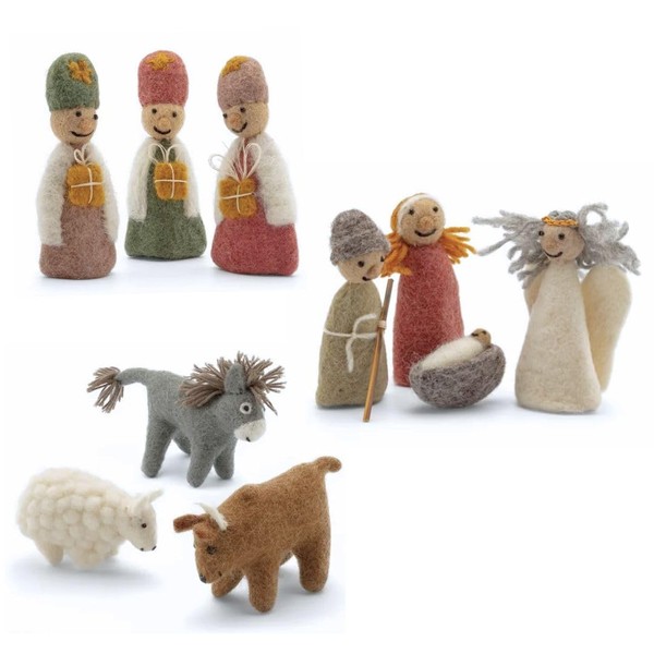 Én Gry & Sif Felt Nativity Figures | Holy Three Kings, Angels, Jesus, Mary, Joseph, Donkey, Sheep, Ox | Handmade, Fairtrade, Children's Room Decoration, Christmas Nativity Scene