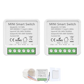Pack of 2 Smart Light Switch, Light Switch, Alexa, Smart Home Light Switch Compatible Alexa, Smart Life Switch with Tuya App, Smart Life, Google Home, Mini Smart Switch, Neutral Conductor Required