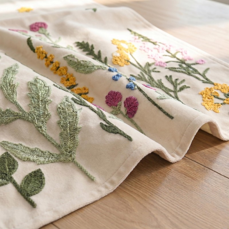 Beige Soft Chain Embroidery Wild Floral Spring Table Runner, Seasonal