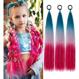 PORSMEER 3 Pcs Rainbow Hair Extensions With Elastic Tie,3 Tone Mermaid Hair for Braiding Crochet,Synthetic Braided Ponytail Extension for Women,Glitter Hair for Festival/Party (Green/Silver Gray/Red)