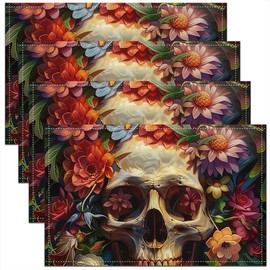 Feelyou Skull Placemats Set of 4 18"x12" Flowers Placemat for Kitchen Dining Table Decor Indoor Outdoor Gothic Skull Table Place Mats Boho Table Place Mats Colorful