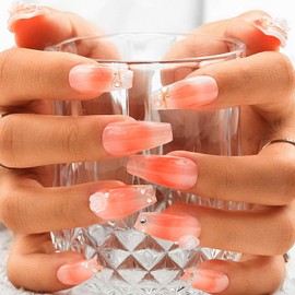 Sethexy Pink Rhinestone Handmade False Nail 3D Flower Pearl Long Coffin False Nails Golden Line Blush Natural Shiny Press on Nail Salon Quality for Women and Girls (J)