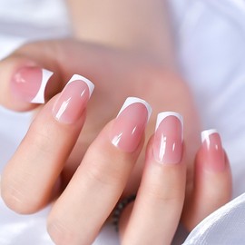 Elegant Jelly Pink French Press On Nails Medium - IKISKT Acrylic False Glue On Nail with Glue Sticker,Fit Perfectly & Natural Stick On Nails - 24PCS UV Gel Fake Nails Kit, Baby Pink White