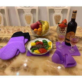 Silicone Oven Mitts and Pot Holders Sets, MTZRFLL Extra Long Heat Resistant Oven Gloves with Hot Pads and Mini Oven Mits Set for Kitchen Cooking Baking, Soft Quilted Lining, Pack of 6 (Purple)