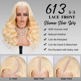 613 Lace Front Wig Human Hair Pre Plucked 250 Density 26 Inch Body Wave Blonde Wig Human Hair 100% 613 5x5 HD Lace Closure Wigs Human Hair, No Synthetic Blend No Tangle No Shedding Triple Lifespan 3X