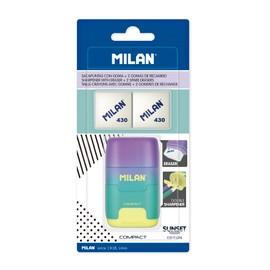 Milan Duo 1 Sacapuntas con Deposito Amarillo - Lila  2 Gomas de Repuestos                                                                             