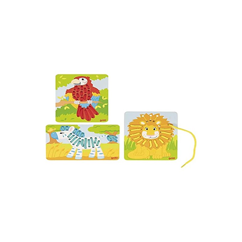 Goki 58686 Threading Set Parrot Lion Zebra Animal Board Games,