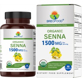 Brieofood Organic Senna 1500mg, 45 Servings, Vegetarian, Gluten Free, 90 Vegetarian Tablets