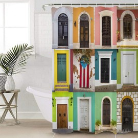 Puerto Rico Door Gate Square Filling Waterproof Shower Curtains Set - Small 36 x 72 Inch, Colorful Retro Arched Wall Polyester Fabric Bathroom Curtain with 12 Hooks, Bathroom Accessories, 1 Panel