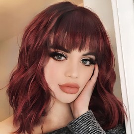 HAIRUP Short Wavy Burgundy Wig with Bangs for Women,Wine Red Shoulder Length Bob Curly Wig Natural Looking Dark Red Synthetic Hair for Daily Party Use