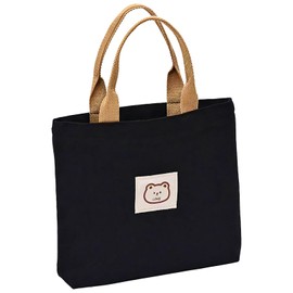 Constlia Women's Mini Tote Bag with Zipper, Cute Bear Logo, Slim, Small Canvas Bag, Black