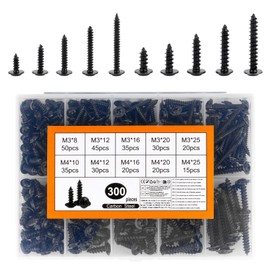 300 Pcs Self Tapping Screws Metal, M3 M4 Black Cross Wood Screws Assortment, Wafer Head Flat Head Self Drilling Screw for Sheet Metal Plastic Wood Machine Screw Fasteners