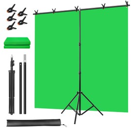 Green Screen Backdrop Kit, 5 x 6.5 Ft Portable Greenscreen Background with T-Shaped Stand, 5 Clamps & Carrying Bag for Photography, Streaming, Zoom, Gaming, YouTube