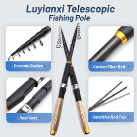 Fishing Rod and Reel Combos, 2PCS Carbon Fiber Telescopic Fishing Pole Spinning Reels Lures Sets, Collapsible Fishing Rod Full Kit with Carrier Bag for Travel Saltwater Freshwater Fishing Adults