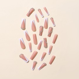 Pikabows Press On Nails Long Coffin Heart Rhinestone French Tip Fake Nails Acrylic False Nail Tips Kit Glue on Nails for Women…