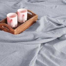 BOUTIQUO 100% Cotton Bed Blanket, Breathable Thermal Twin Size, Soft Honeycomb Waffle Blanket 60"x90", Perfect for Layering Any Bed for All Season, Light Grey