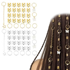 YUWENW 56pcs Hair Beads Hair Accessories Dance Hair Braid Rings Heart Butterfly Hair Bows Adjustable Hair Braiding Rings Clips for Braiding Hair Rings for Kids Hip Hop DIY Wedding (Gold, Silver)