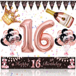16th Birthday Girl Decoration, Magiccute Birthday Decoration Girls Women Long Happy Birthday Banner Garland Bunting and Black Rose Gold Confetti Balloons Decoration Set