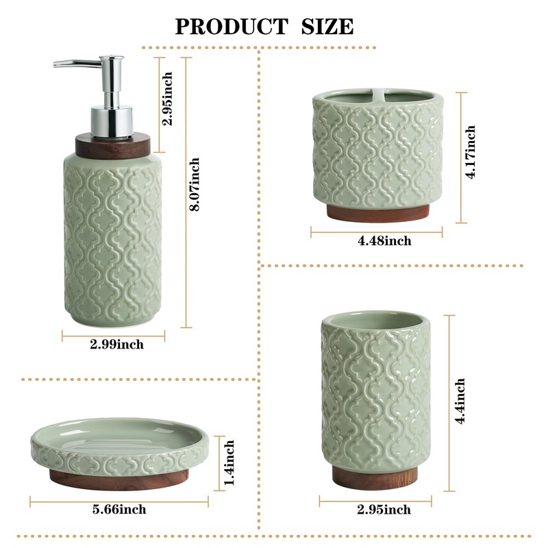 RQYIXI Elegant Bathroom Accessories Set 4 PCS Ceramic and Wood