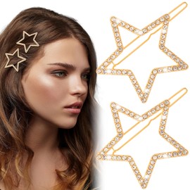 Mxxipp 2pcs Star Hair Pin for Women, Sparkly Rhinestone Crystal Hairstyle Bang Clips, Non-Slip Hollow Barrette Accessories for Long Short Straight Curly Hair- Gold