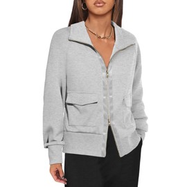 Fisoew Women's Zip up Sweatshirt Collared Neck Long Sleeve Loose Casual Lightweight Jacket with Pockets Grey