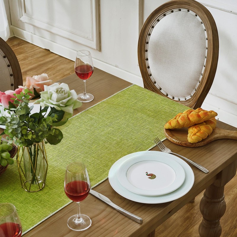Green Table Runner in Country House Style, Rustic Linen Coffee
