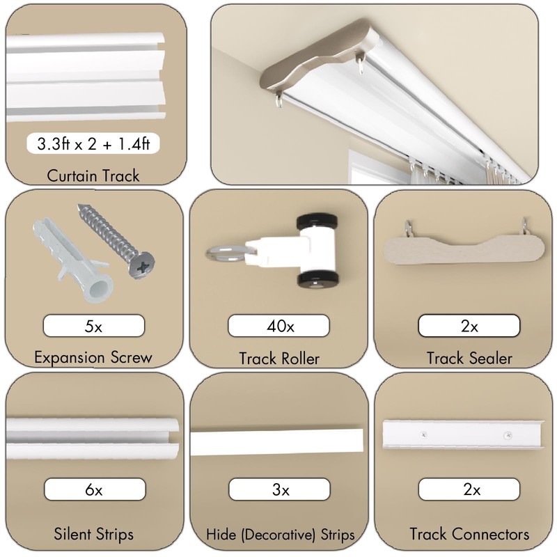 Silent Double Curtain Track Ceiling Mount 6'/8'/10'/12'/15', Wide 4" White