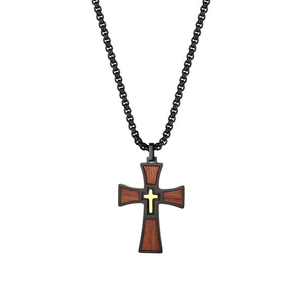 Flongo Men's Necklace Rosary Wood Cross Chain Men's Pendant Necklace