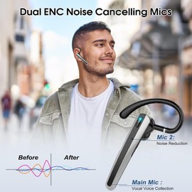 Bluetooth Headset V5.3, Handsfree Bluetooth Earpiece with Dual ENC Mic,Single wireless Headset 20Hrs Talk 120Hrs Standby Time, In-Ear Headphones for Driving/Business/Office with Android iOS Laptop