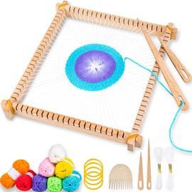 Wooden Weaving Loom Kit, 28x28cm Wooden Multi-Craft Weaving Loom Adjustable Hand-Knit Machine, Wooden Loom Set with Yarns,Rods,Combs and Shuttles, Suitable for Beginner & Kids