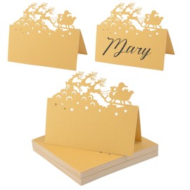 URROMA Christmas Table Card, 100Pcs Gloden Hollow Santa and Reindeer Seat Folding Cards Blank Table Tent Cards Dining Table Decor for Christmas