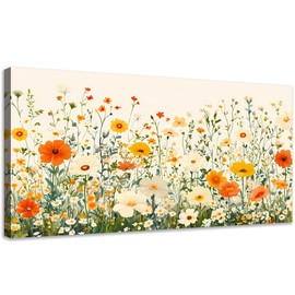 KZKU Floral Canvas Wall Art Orange and White Wildflowers Modern Botanical Print Watercolor style Flower Picture for Bedroom Living Room Artwork Home Wall Decoration