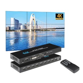 Kurflo 3x3 HDMI Video Wall Controller HD MI Matrix 4K@30Hz 9 Output hd mi Matrix Switcher 4K 2K HD Display HD MI Splitter 1920x1080P 60Hz HDMI DVI RS232 Video Input 9 HD MI Output HD MI Switch with Remote Control 180°Rotation 13 Display Modes
