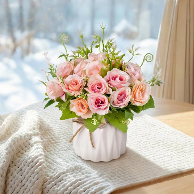 Mandarooker Fake Flowers with Vase,Pink Roses Artificial Flowers in Vase