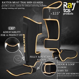 Raytos Shin Guards for Martial Arts Perfect for Kickboxing, Karate, Judo, and Mixed Martial Arts. PU Leather and Triple-Layered Lining. shin Guard,vailable in S/M/L Sizes (Black&Gold, L)