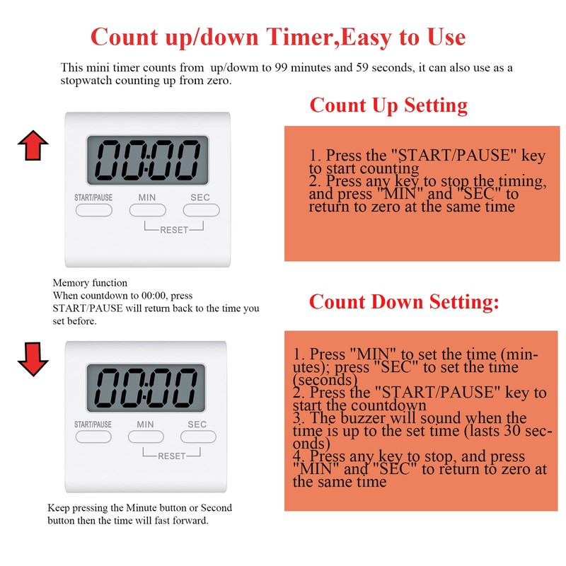 Small Digital Kitchen Timer Magnetic Back, Loud Alarm Reminder with