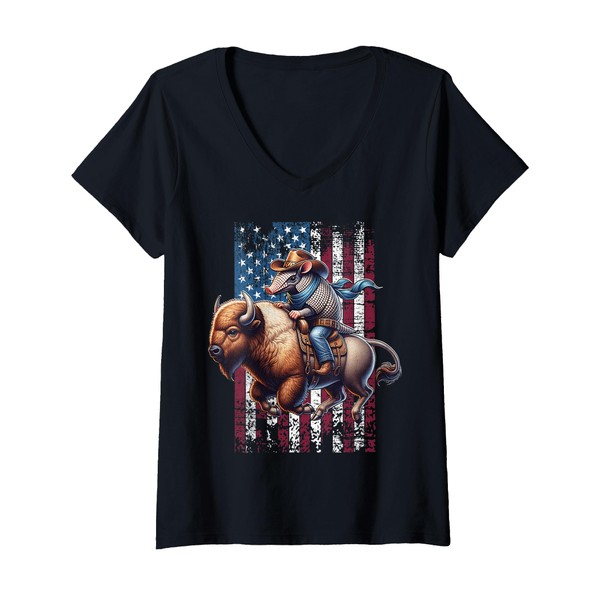 Womens Bison American Armadillo Bison US Armadillo V-Neck T-Shirt