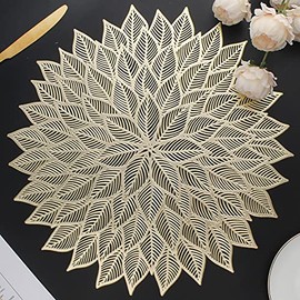 Juego de 6 manteles redondos con hojas y flores talladas, de vinilo prensado, decoración para mesa de comedor, fiestas, bodas, cenas, centro de mesa (oro)