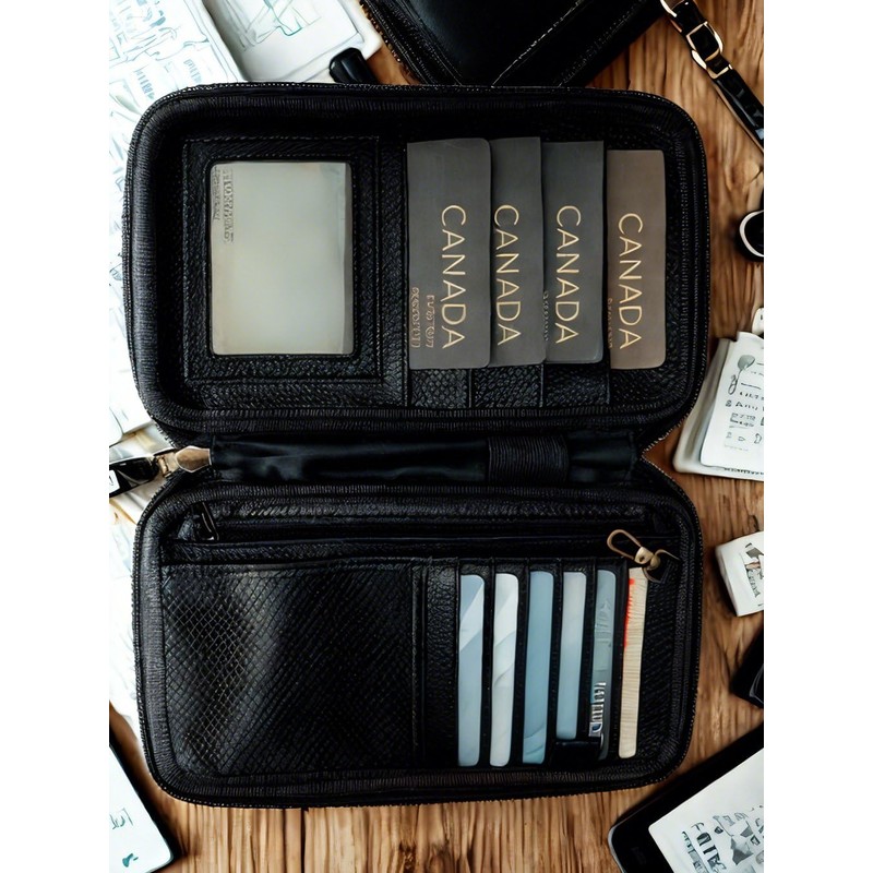 Premium Leather Travel Passport Wallet, Multi-Card Document Organizer with Canadian
