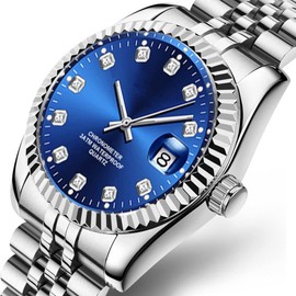 Couple Watches Fashion Silver Stainless Steel Pair Watches Men and Women Matching Quartz Wrist Watches Gifts Set of 2 (Luxury/Blue)