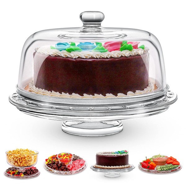 Glass Cake Stand with Dome Cover (6 in 1) Multi-Functional Serving Platter and Cake Plate - Use as Cake Holder, Salad Bowl, Platter, Punch Bowl, Desert Platter, Nachos & Salsa Plate (Glass)