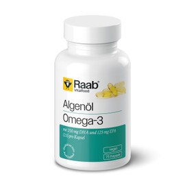 Raab Vitalfood® Algenöl Omega-3 Kapseln (75 Stück) - Omega-3 Vegan aus Algenöl, mit DHA und EPA (2:1), nachhaltige Alternative zu Fischöl, Omega-3 Fettsäuren DHA 250 mg und EPA 125 mg pro Kapsel
