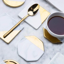 Homehalo Stylish Marble Coasters, Set of 4, Protective Cork Back, Anti-Slip Coasters, Gold Plated Technology, Simplified, Drinking Coffee, Tea Pad, Insulated Pad, Cup Insert, Round, Square, Octagonal Shape
